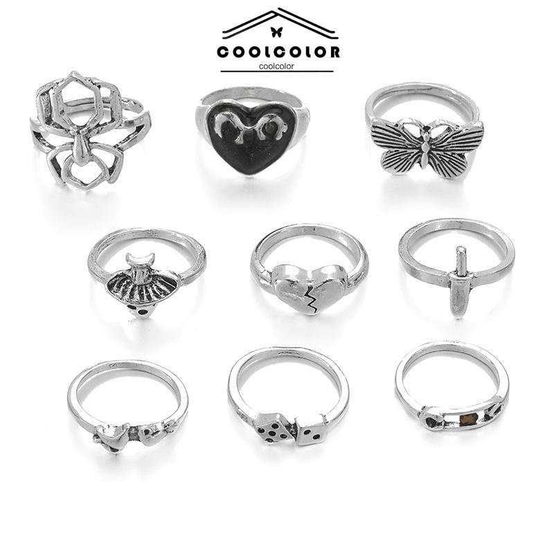COD❤️9PCS/Set Cincin Desain Tengkorak Ular Kupu-kupu Cinta Hati Perak Cincin Titanium Gaya Retro Vintage Punk Hip Hop Untuk Unisex Ready Stock- cl