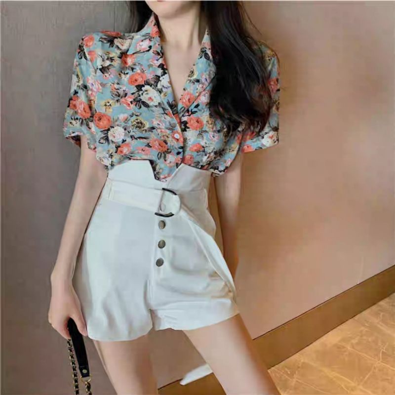 MDLV ~ 2171# Felixa Notched Collar Shirt Blouse Kemeja Gray Flower import