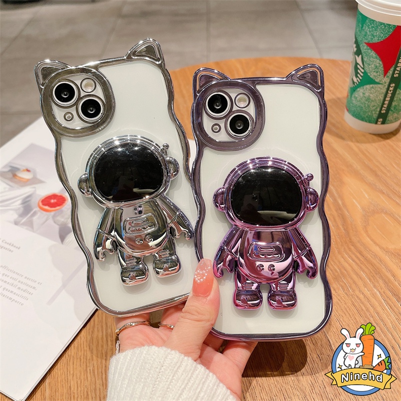 IPHONE Casing Kompatibel Untuk Iphone14 13 12 11 Pro Max Xr Xs Max Se8 7 Plus Telinga Kucing Plating Jernih Casing Ponsel Perlindungan Lensa Dengan Braket Astronot Shockproof Soft Case Cover Pelindung