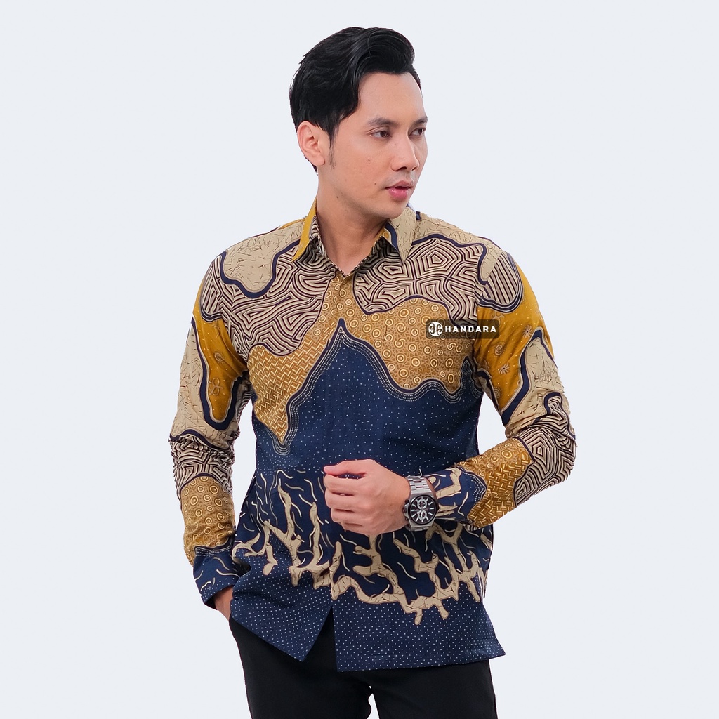 Handara Batik Pria Lengan Panjang Slim Fit Premium Horizon Biru Mustard HB-298