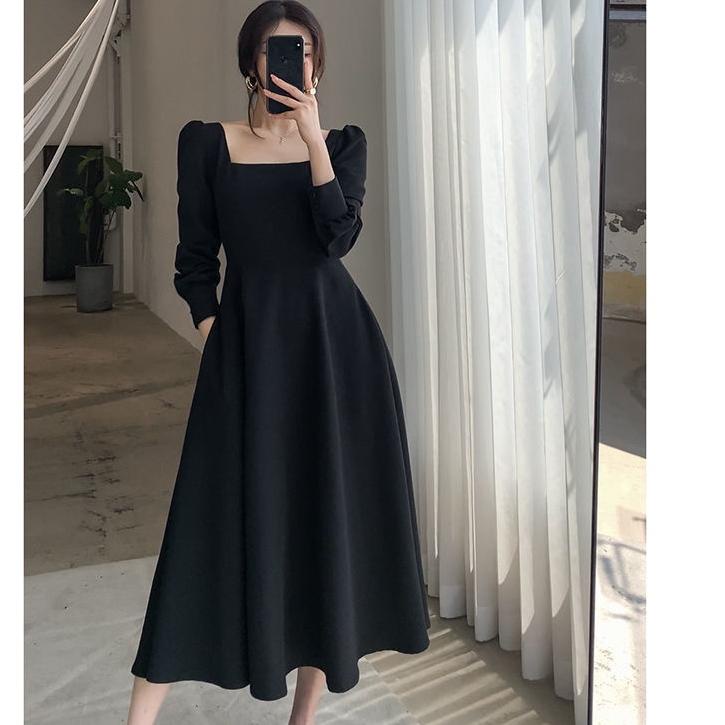 Promo!! ZLORE -  U Neck Dress Lengan Panjang // Korean Party Dress Square Neck - 100% IMPORT (S-2XL)