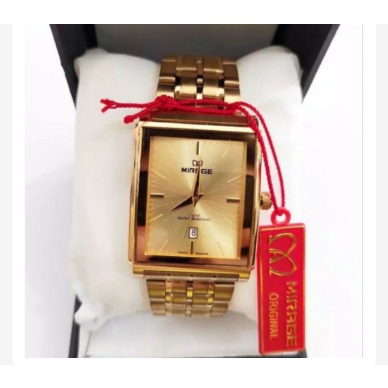 jam tangan Mirage rante segi gold pria tanggal original tahan air