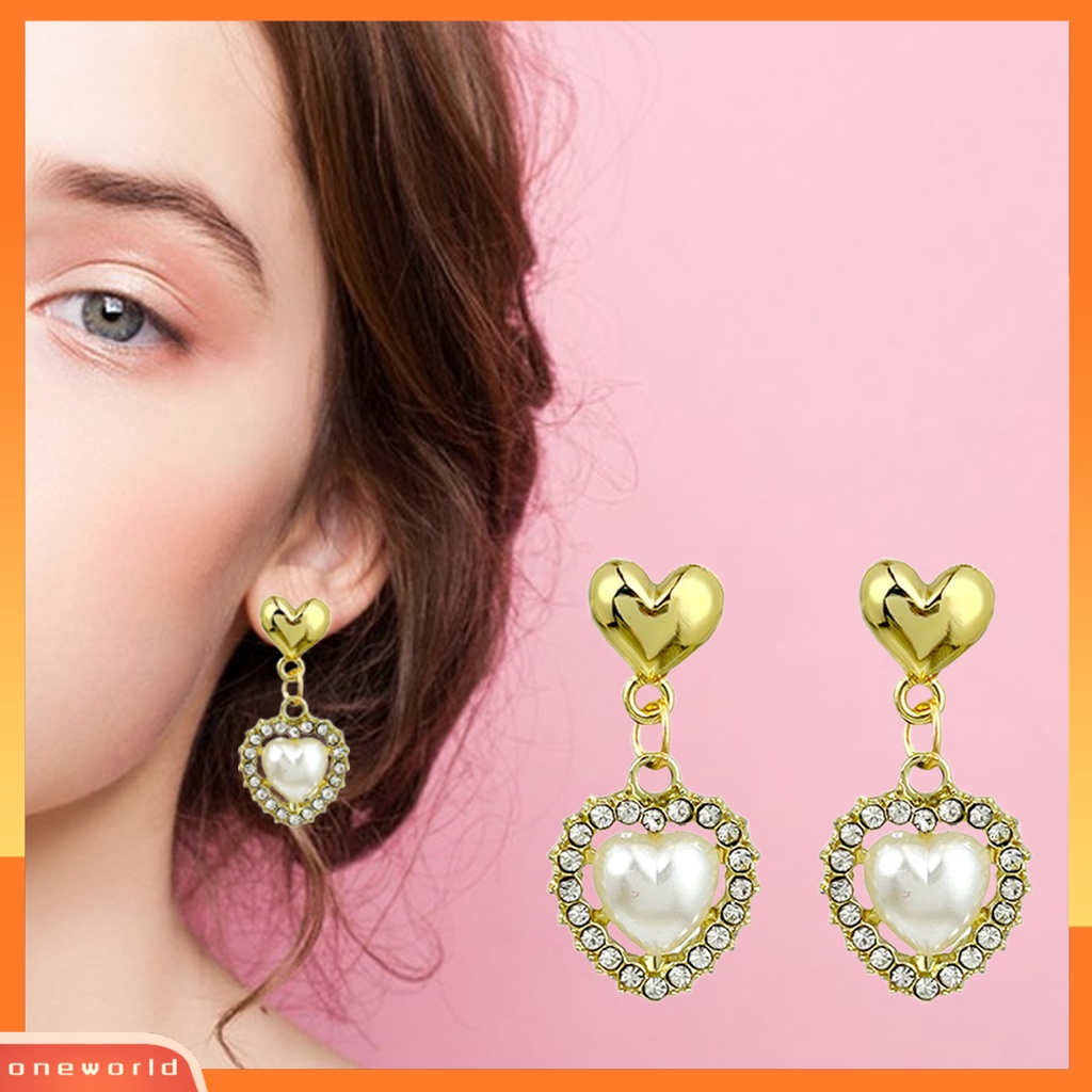 [ONWL] 1pasang Anting Pejantan Elegan Hadiah Fashion Perhiasan Berlian Imitasi Mengkilap Cinta Hati Mutiara Imitasi Menjuntai Anting Untuk Hari Valentine