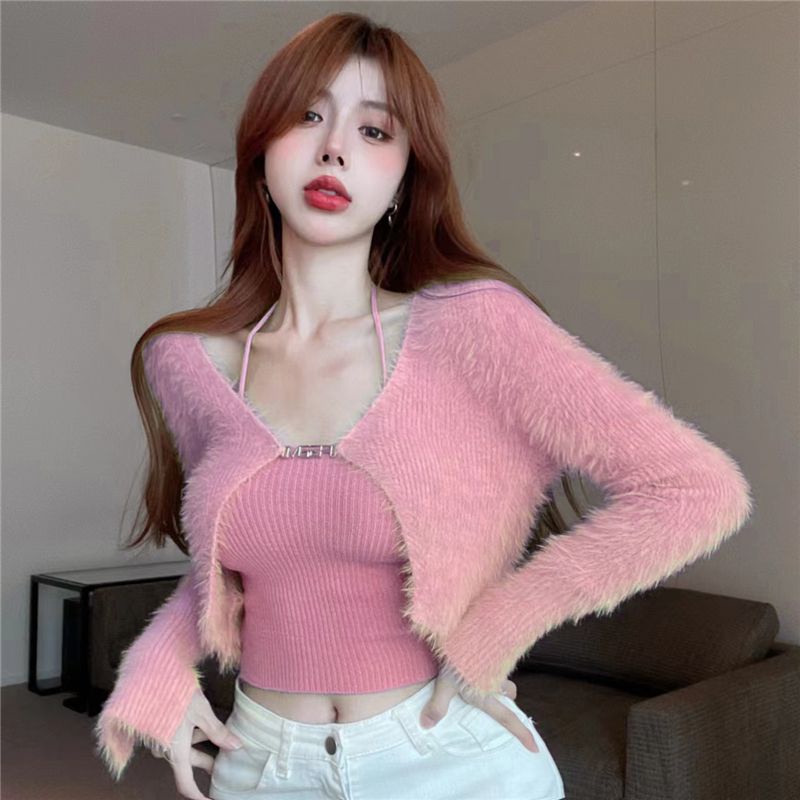 Red Mohair Rajutan Cardigan Wanita Awal Musim Gugur Gaun Keinginan Murni Gadis Seksi Pendek Leher Gantung Top Tube Top Suspender two-Piece Set