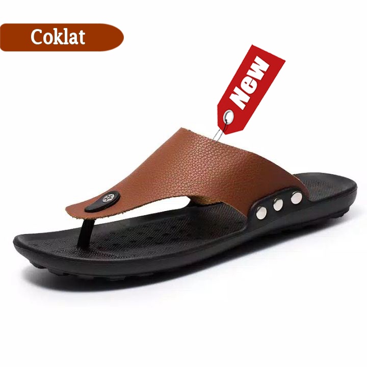 sandal japit kulit pria/wanita new tres warna Coklat PREMIUM QUALITY MODEL High Quality Kasual Cowok 100% Real picture black jack shoes