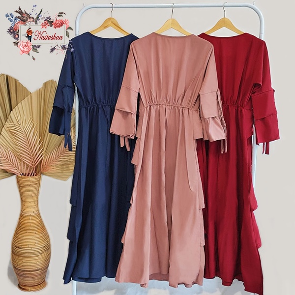 Maxi Dress Gamis Tumpuk Depan Wollycrepe Fashion Wanita Muslim Dress Polos Lengan Lonceng Ada Tali Bagian Lengan Busui Friendly