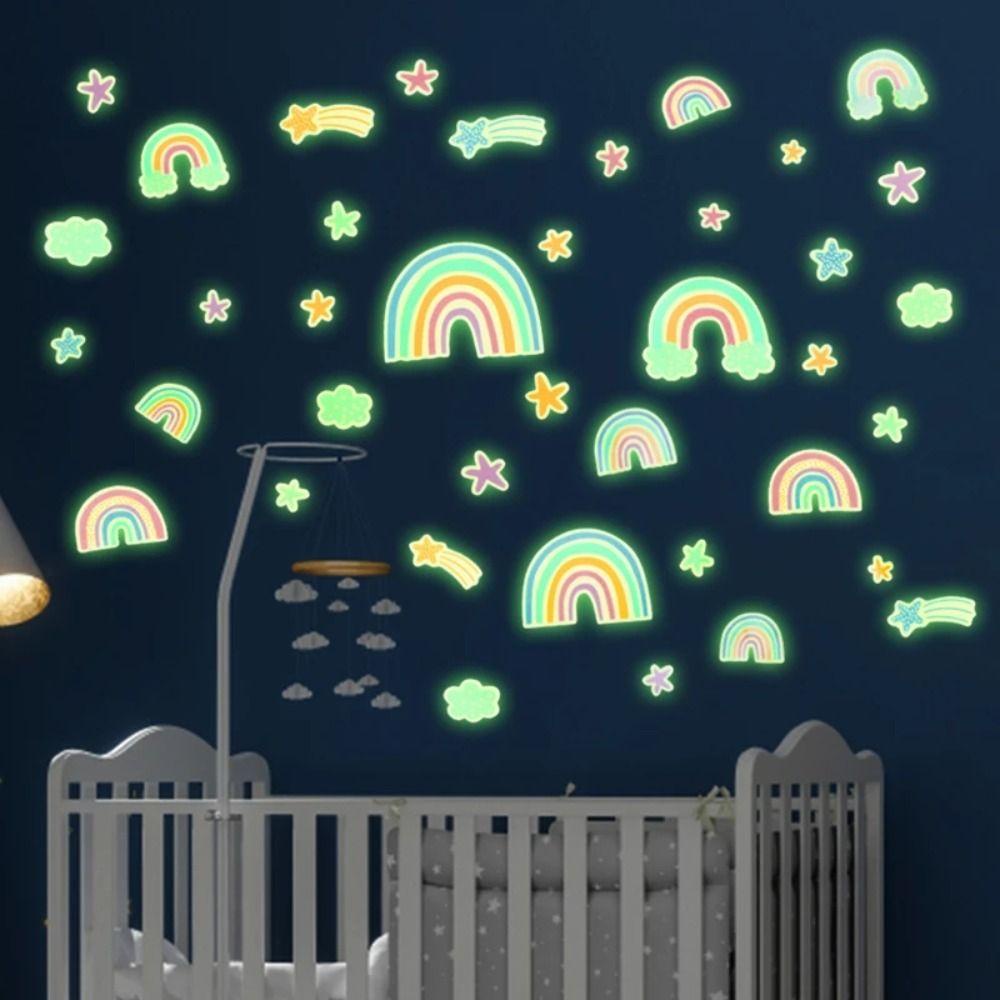 [Elegan] Pelangi Decal Self-adhesive Tahan Air Bercahaya Seni Mural Neon Stiker Bintang DIY Dekorasi Kamar Anak Latar Belakang Wallpaper Dinding