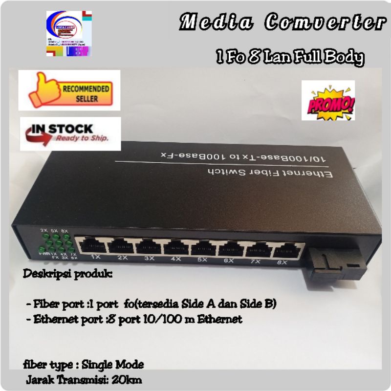 FIBER OPTIC MEDIA CONVERTER ETHERNET 1 FO 8 LAN RJ45 PORT 10/100 m