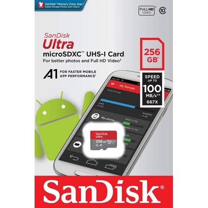 MicroSD Sandisk Ultra A1 MicroSDXC UHS-1 Class 10 256GB 256 gb Merah