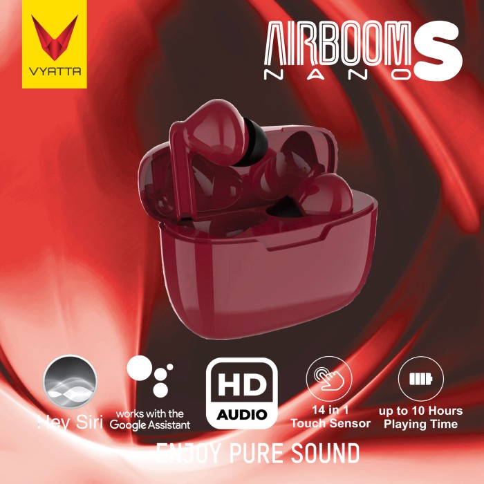 headset bluetooth VYATTA Airboom Nano S TWS Bluetooth Headset- Super Slim Up to 10 hours - Red, Tanp