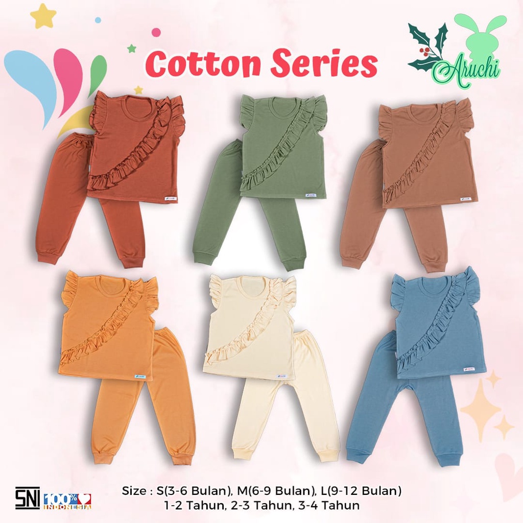 Aruchi Setelan 3M-4Y Setelan Kombinasi Cotton Ruffle Series Baju Pendek Celana Panjang Renda Aruchi