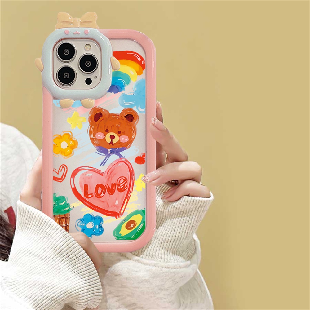 REDMI Redmi10 10C 10A Note 11 Pro Note 11S 9C 9A 10 9T 9 Note10 5G 10s Note9 Note9S Note8 Poco X3 NFC M3 Pro 3D Bow-knot Monster Lens Rainbow Doodle Bears Casing TPU Ponsel Tahan Guncangan BY