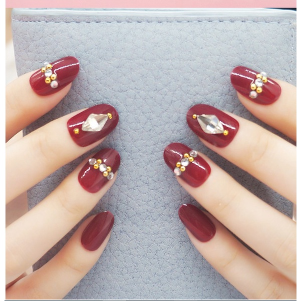 kuku palsu full permata warna merah maroon lengkap DUS + LEM