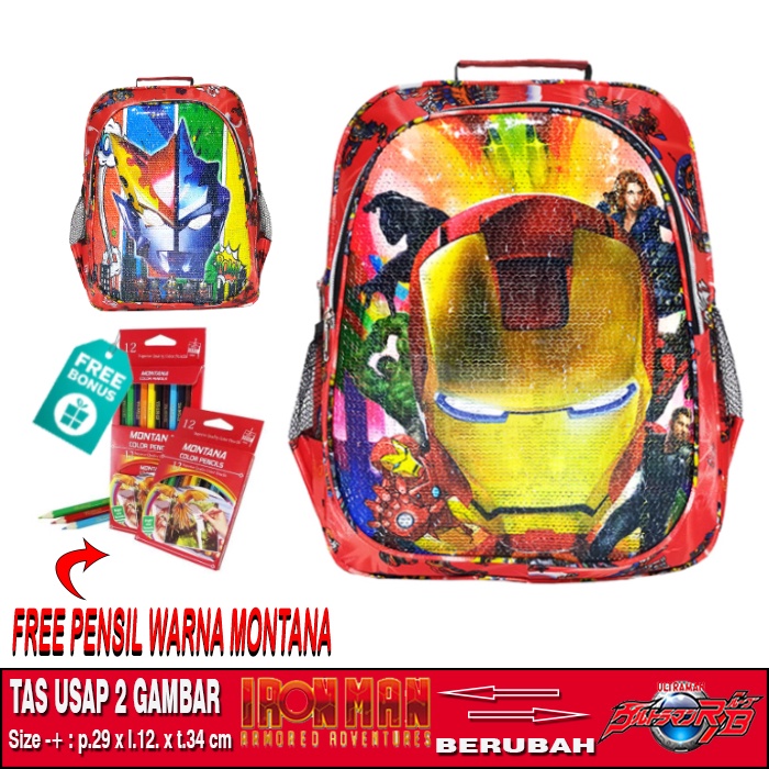TAS RANSEL SEQUIN / USAP 2 GAMBAR KARAKTER IRON MAN - ULTRAMAN ANAK SEKOLAH TK / SD
