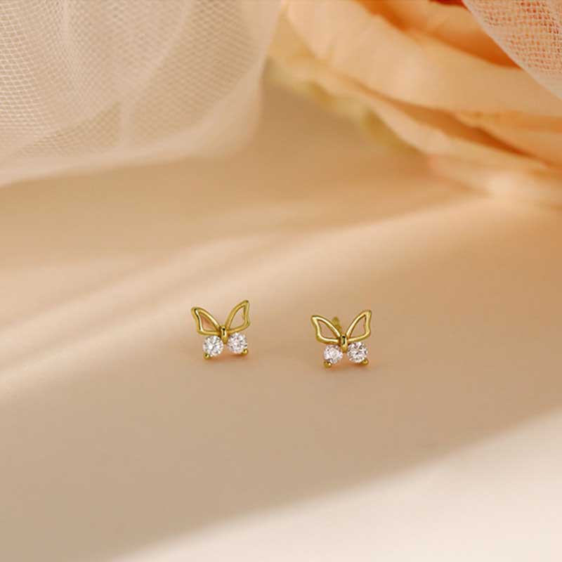 Korea Gaya Sederhana Indah Kupu-Kupu S925 Sterling Silver Rose Gold plated Zircon Wanita Fashion Perhiasan Telinga Stud Earrings