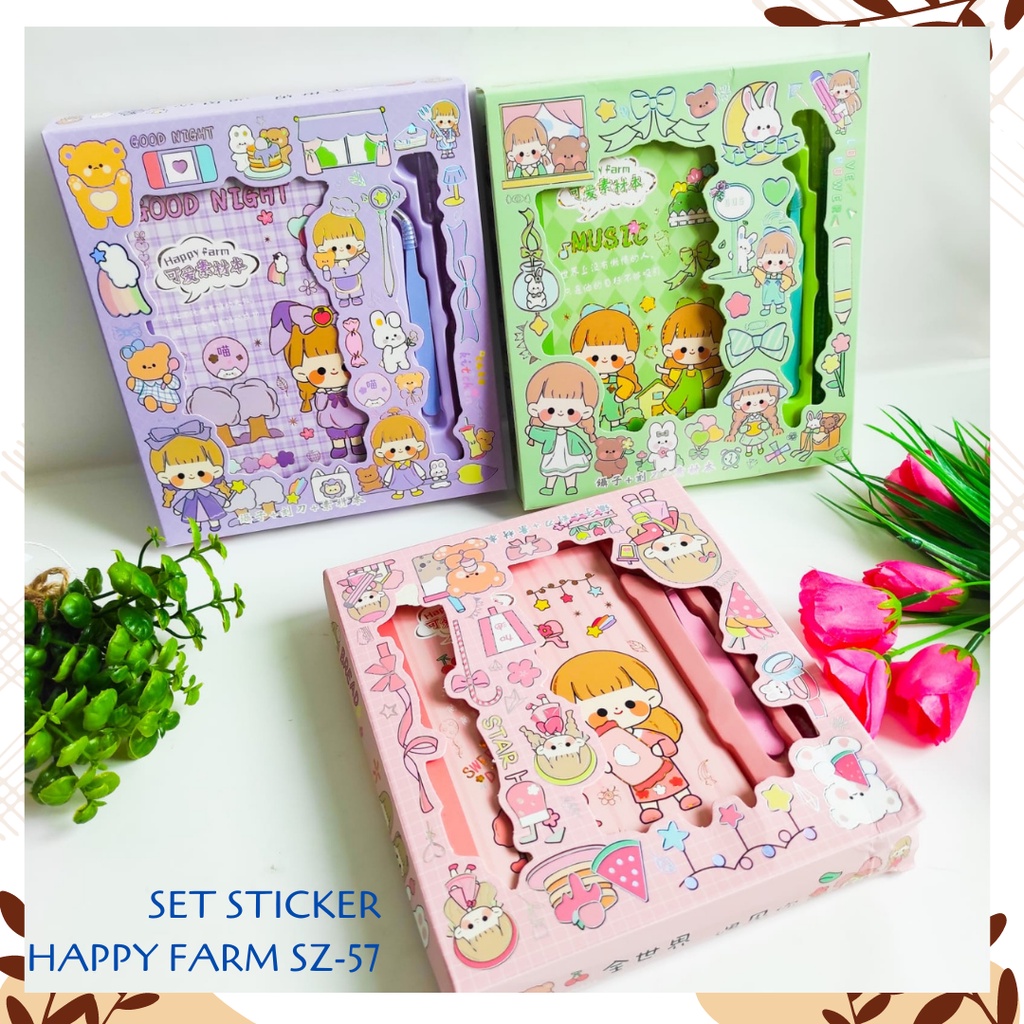 

1 SET STICKER HAPPY FARM (3 IN 1) ADA PISAU PEMOTONG + PINSET KODE SZ-57 PAKET STIKER DAN CUTTER LUCU IMUT KARAKTER GAMBAR