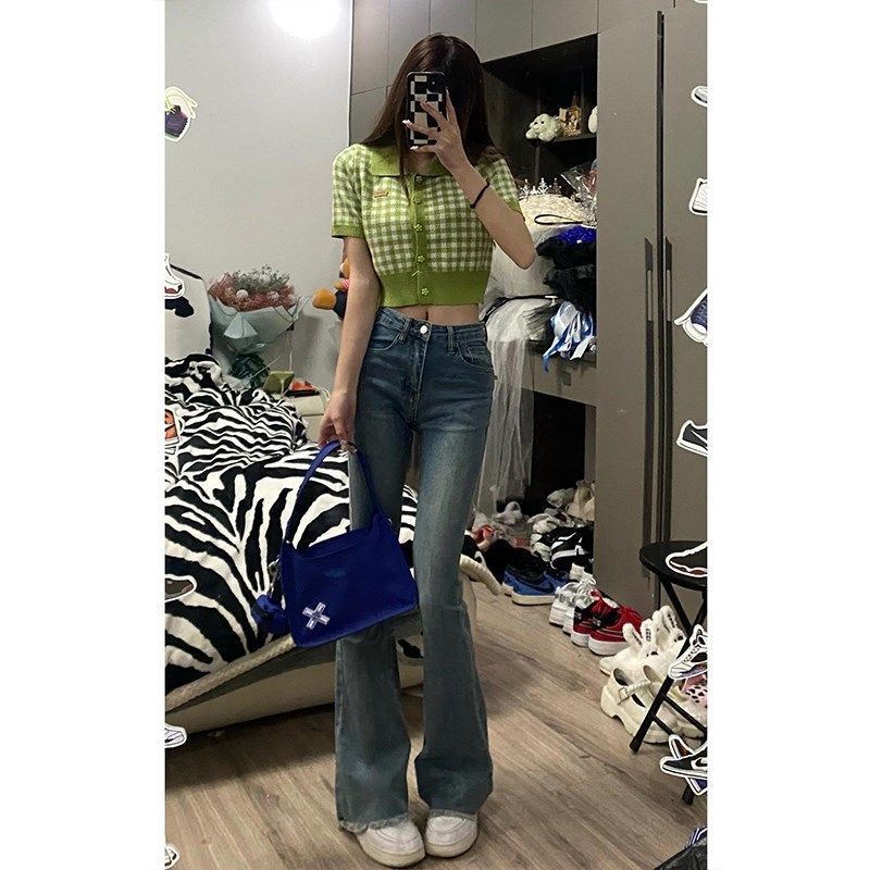 Red Retro pinggang tinggi raw edge flared jeans wanita 2022 musim semi dan musim panas baru budidaya diri elastis longgar slim dan tinggi micro flared pants