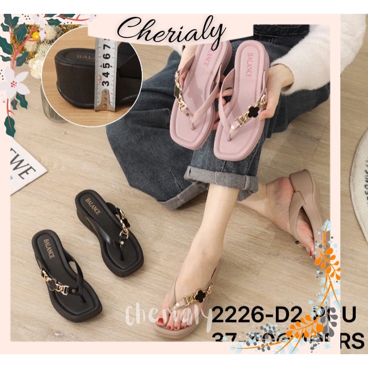 BALANCE Sandal Jepit Wanita Karet Jelly Import Bahan Ringan Empuk Elastis Tinggi Hak 4 Cm Accesoris BLACK GOLD 2226-D2