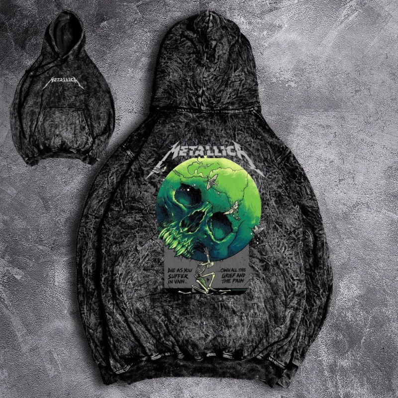 Hoodie Pria Sandwash Terbaru Motif Metal Srigala Wolf Washed Grey Keren Kekinian