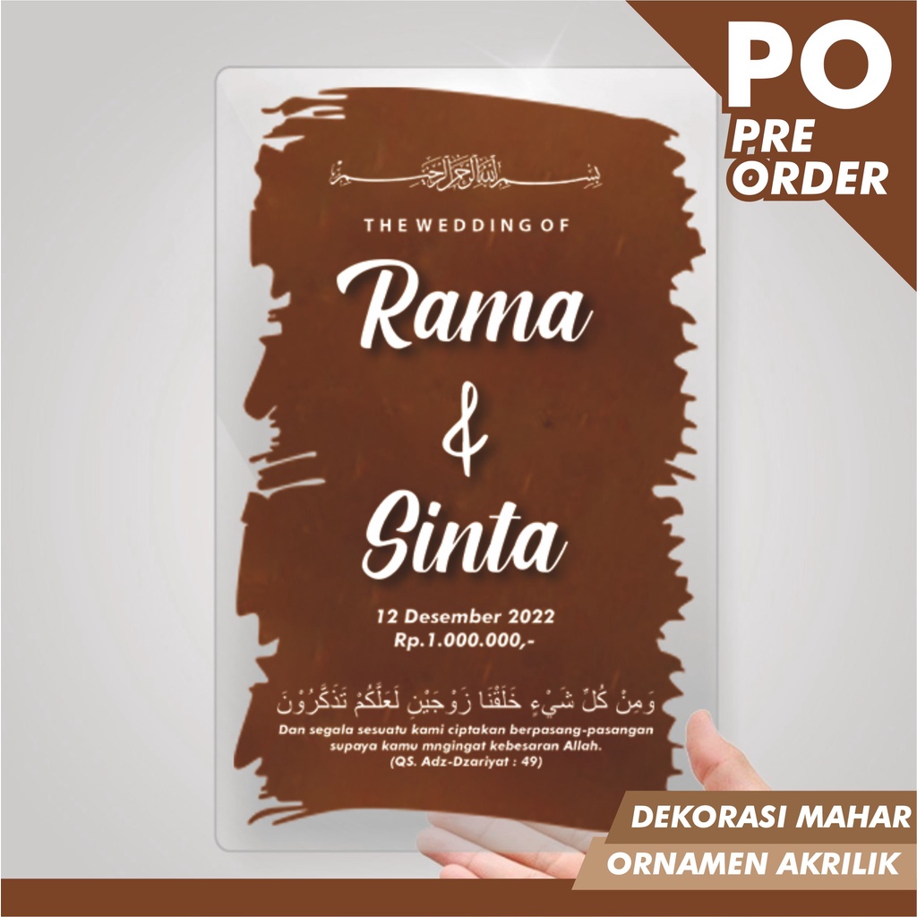 AKRILIK BRUSH PERSEGI UNTUK DEKORASI  MAHAR nama timbul