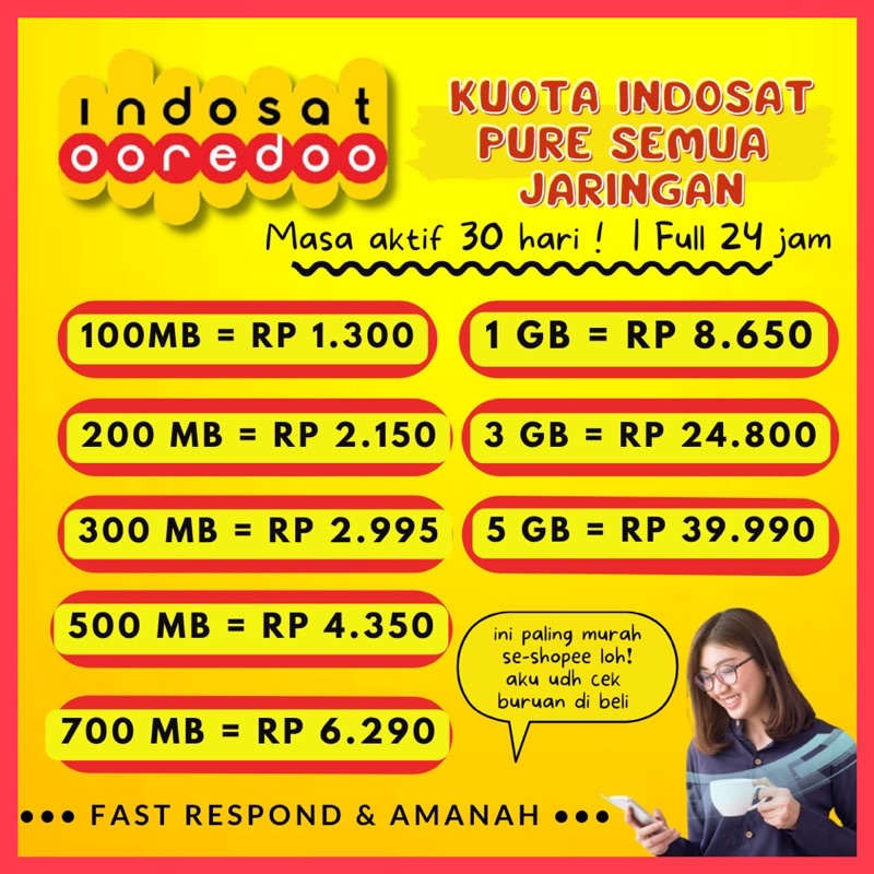 Paket Data IM3 Kuota Indosat Mini 100MB 200MB 300MB 400MB 500MB 600MB 700MB 750MB 800MB 1GB Full 24 Jam 30 Hari Murah