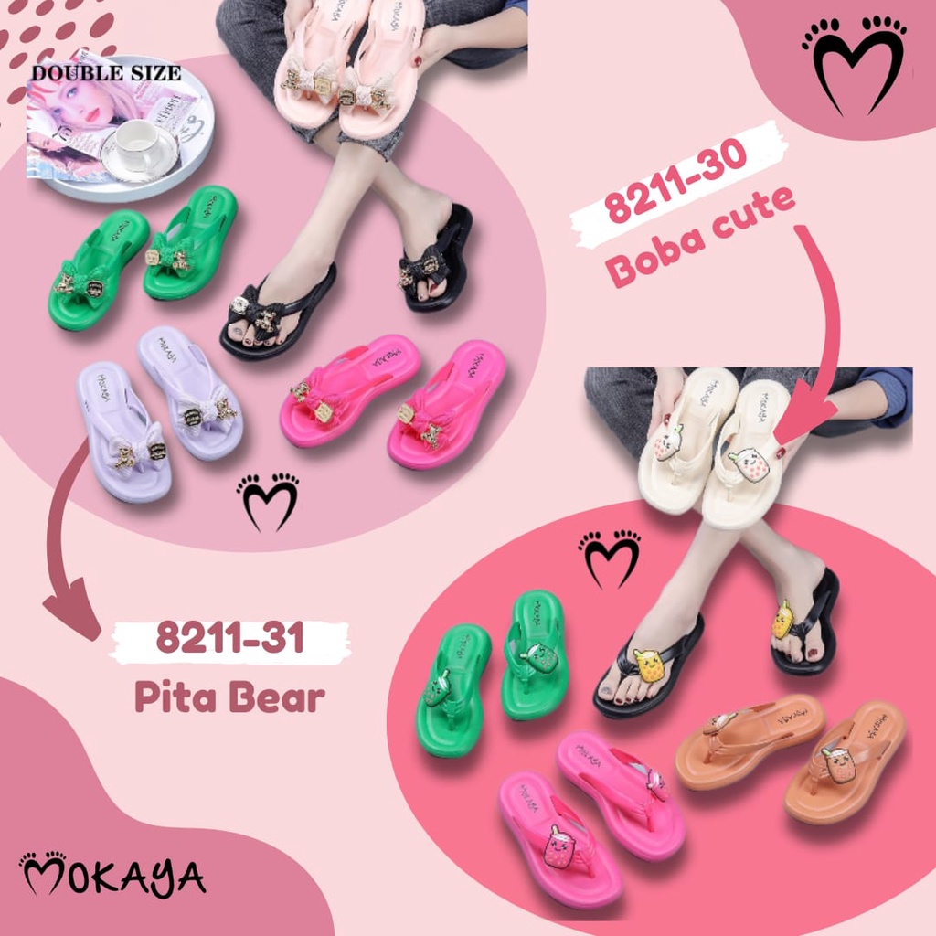 Sandal Jepit Jelly Wanita Motif Pita Besar Permata Bear &amp; Boba Super Empuk Cantik Mewah Trendy Import Mokaya / Size 37-41 (8211-30/8211-31/1303-27)