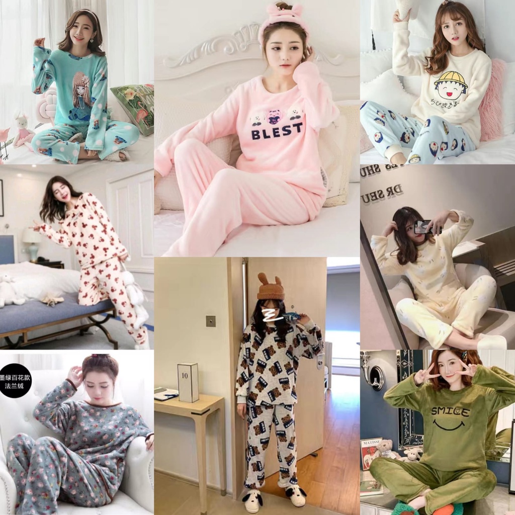FB1  SETELAN ONE SET SETCEL PIYAMA BAJU TIDUR HANGAT BAHAN BULU BLUDRU PREMIUM PP IMPORT LENGAN PANJ