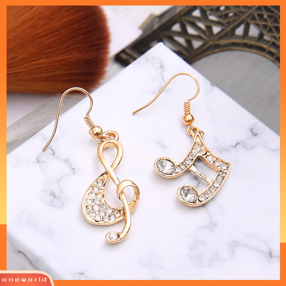 {oneworld} Fashion Wanita Musik Note Treble Clef Berlian Imitasi Menjuntai Kait Anting Perhiasan