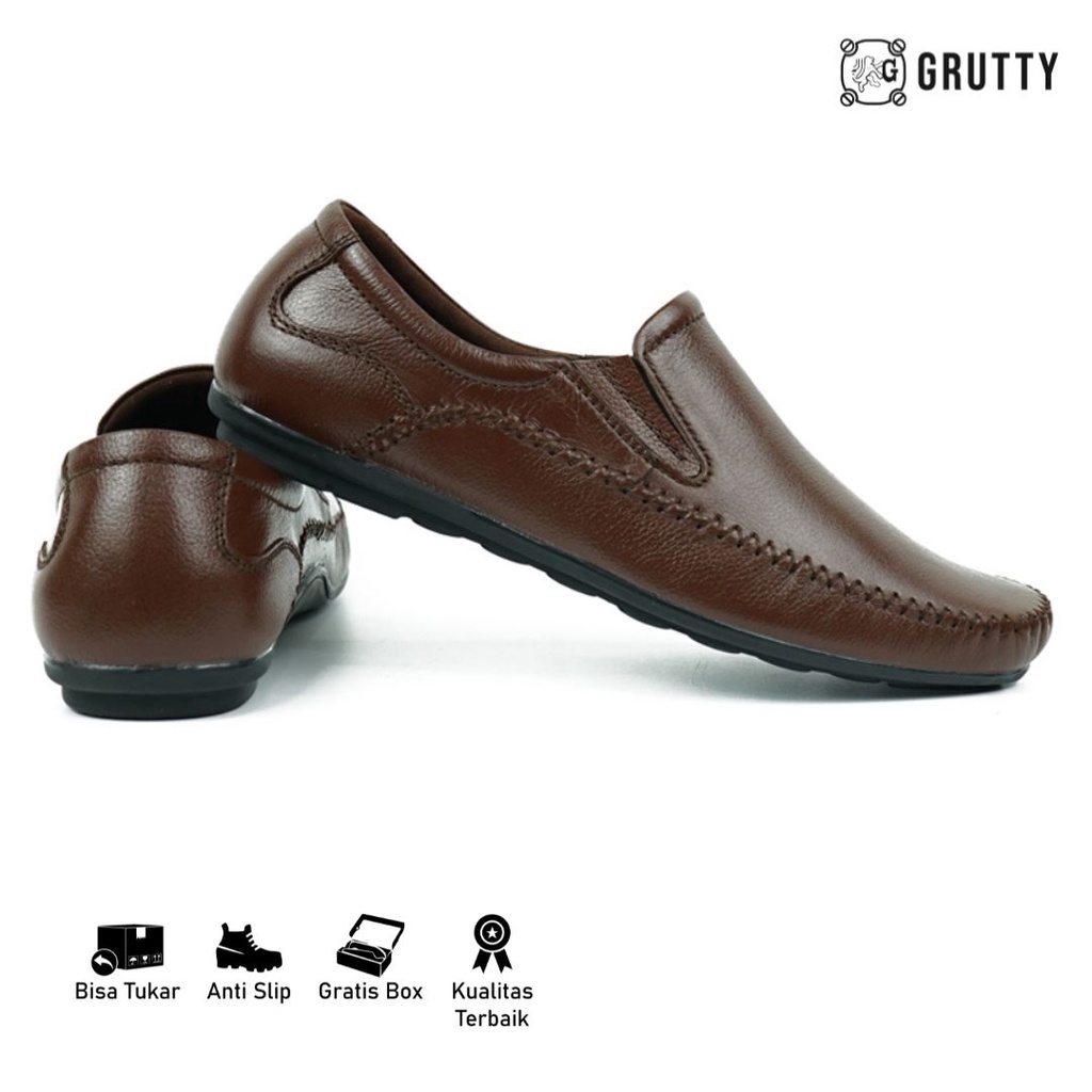 Sepatu Pria Kasual Slip On Kulit Coklat Hitam Grutty JN8810 Lentur dan tidak licin