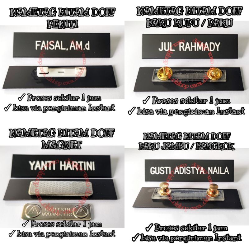 Nametag Hitam Dop Papan Nama Dada PDH PNS Akrilik Gravo Acrylic Grafir Dove Dov Peniti Paku Magnet