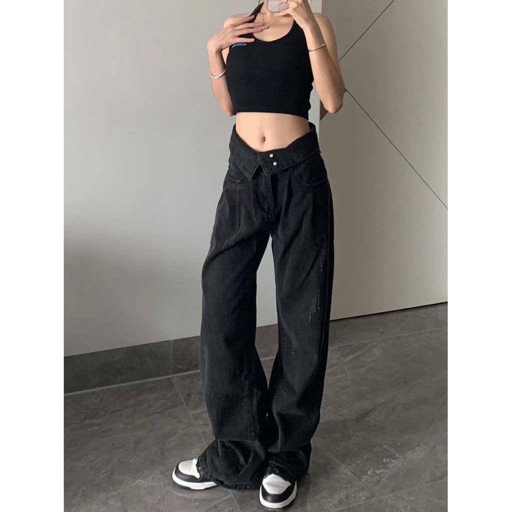 ✁American ins retro wash black jeans women s summer hot girl design sense loose and thin straight wide-leg pants