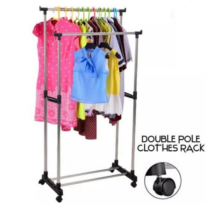 Stand Hanger Double Pole Gantungan Baju Berdiri Standing Pole Rack Handuk + Roda