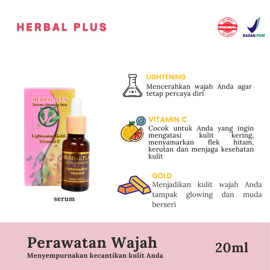 HERBAL PLUS SERUM BPOM Glowing Skin Lightening Gold + Vitamin C 20ml ORIGINAL