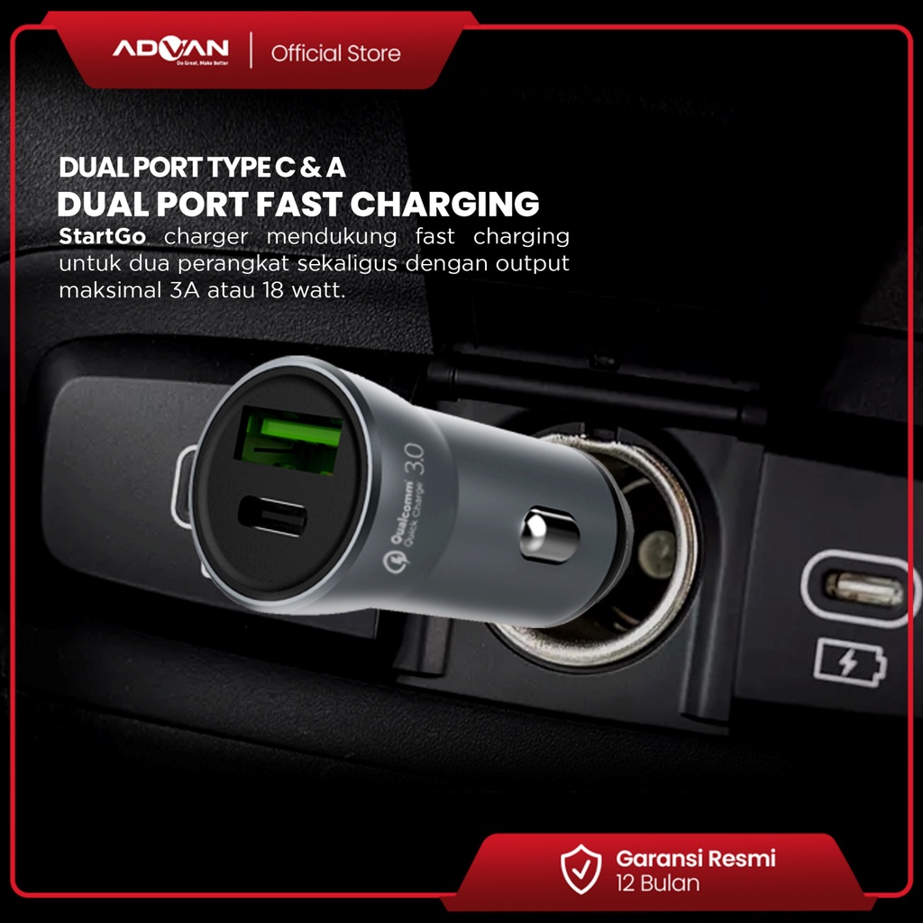 STARTGO Mobil/Car Charger Fast Charging 2 port USB A&amp;C 3 Ampere CC30A
