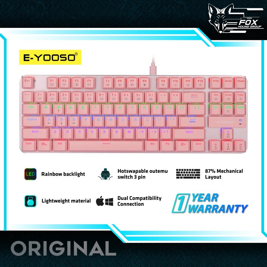 Keyboard Gaming E-YOOSO Z-66 Pink Hotswap Mechanical 87% Rainbow