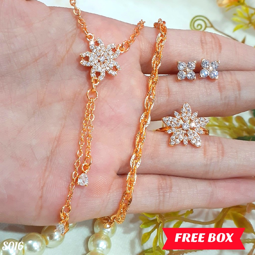 PGX Set Perhiasan Xuping Cincin Gelang Kalung Anting Lapis Emas - S016