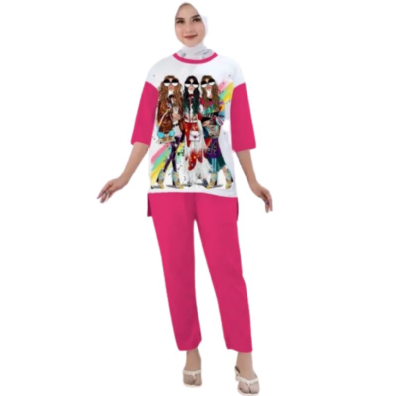 Setelan Kaos Wanita Dewasa Oversize Ld 110 cm Terbaru 2023 Viral Gambar Digital Printing Bahan Kaos Babyterry Tangan 3/4 dan Celana Panjang One Set Wanita Dewasa Jumbo Kekinian Atasan Baju Wanita Dewasa Big Size Stelan Baju Wanita Santai Cewek 84