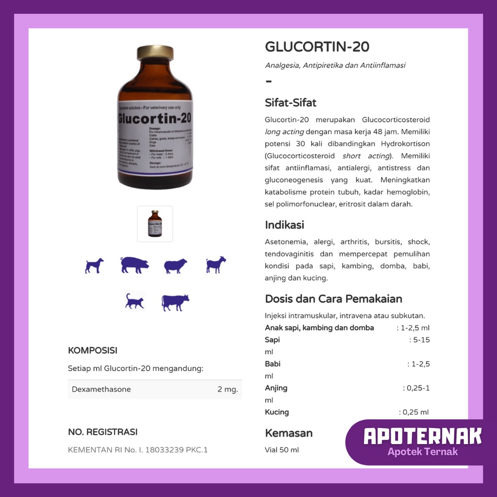 Glucortin 20 | Analgesik, Anti Inflamasi, Anti Piretik, Anti Alergi, Anti Stress Sapi Kambing Domba Anjing Kucing | Dexamethas0ne | TMC