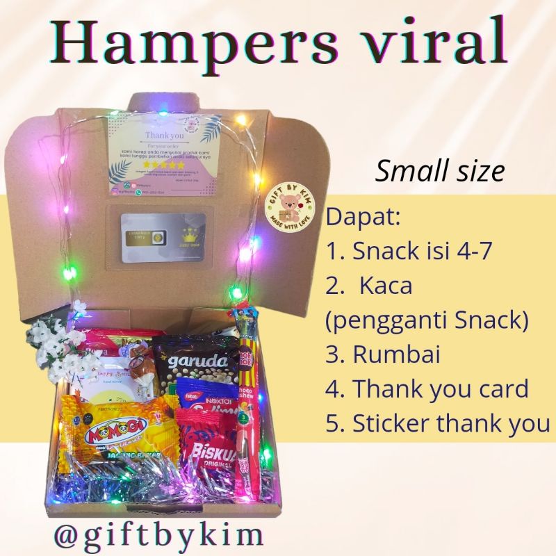 

hampers small size/hampers snack/kado/hadiah/souvenir/hampers lampu/hampers emas/hampers mini gold/hampers ciki/emas logam mulia