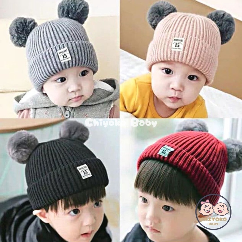 Topi Rajut Kupluk Bayi Pom Pom Premium / Topi Bayi Pom Pom Anak Laki - Laki Perempuan / Kupluk Baby Pompom DC Kids Chiyoko Baby