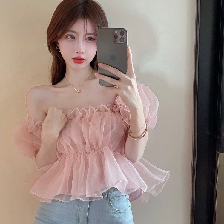 Red Satu bahu keinginan murni kemeja kecil wanita 2022 musim semi dan musim panas gaya baru tipis dan manis off-the-shoulder kerah persegi lengan engah super peri tren teratas