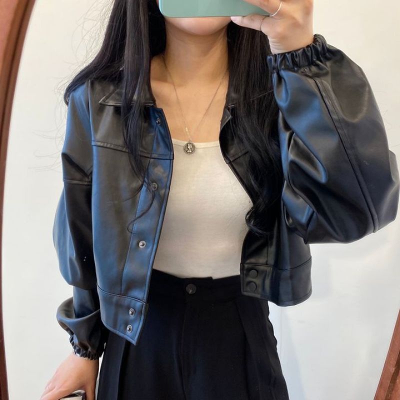 Mantel Kulit Antik Wanita 2020 Baru Longgar Hitam Pu Jaket Wanita Single Breasted Punk Pendek Faux Kulit Mantel Mujer