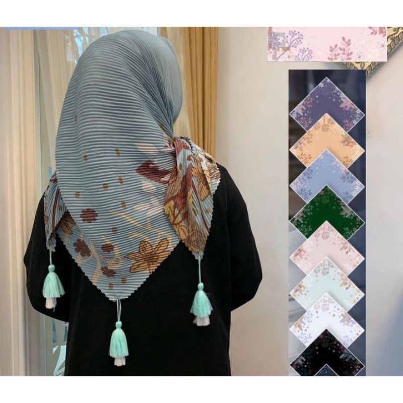 PLISKET BANDUL JILBAB VOAL MOTIF POMPOM KERUDUNG SEGI EMPAT