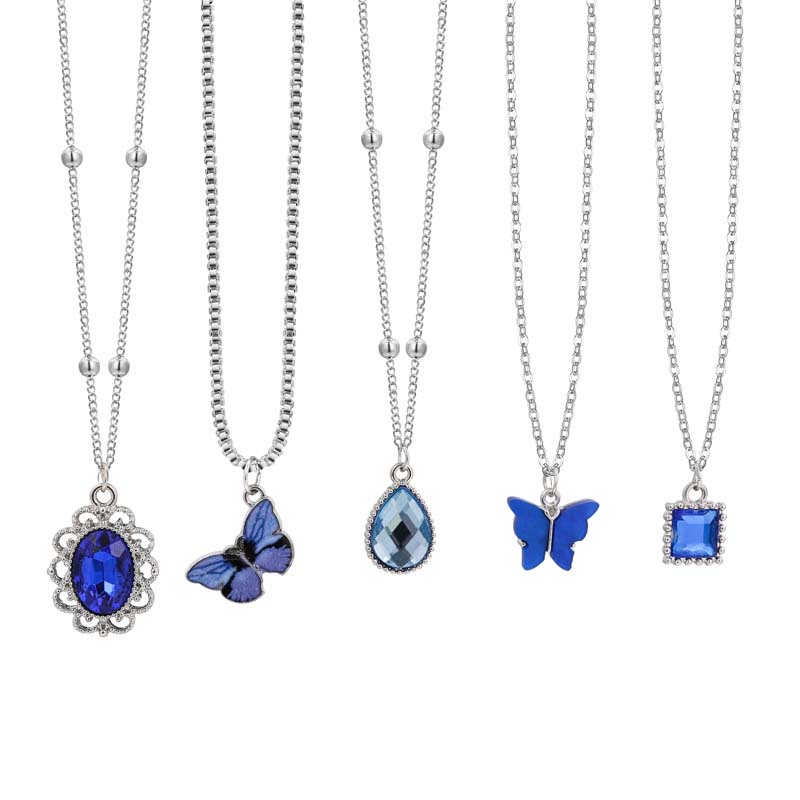 Set Kalung Rantai Permata Warna-Warni Hati Kupu-Kupu Perak Liontin Choker Necklace Untuk Wanita Fashion Aksesoris Perhiasan