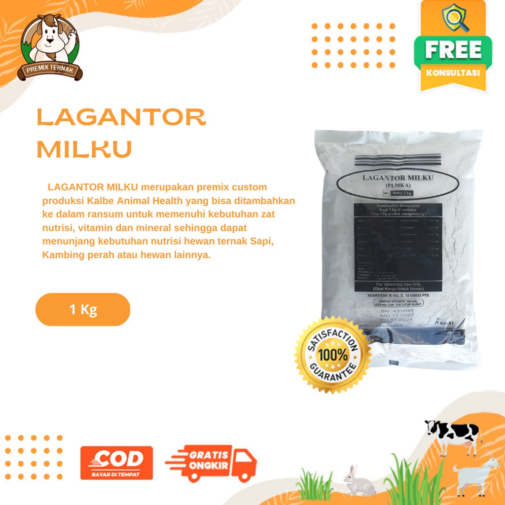 LAGANTOR MILKU 1Kg - Premix Peningkat Produksi Susu &amp; Pertumbuhan, Pengurang Stress Sapi Kambing Perah 1 kg - Premix Ternak