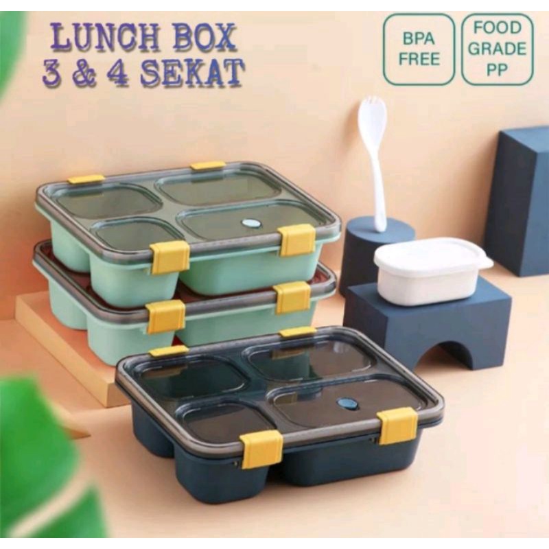 LUNCH BOX 3 SEKAT & 4 SEKAT/KOTAK BEKAL BERSEKAT ANTI BOCOR/BPA FREE/BEKAL CANTIK