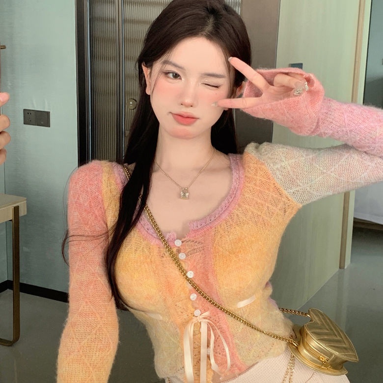 Red 2022 Baru Lengan Panjang Rajutan Cardigan Wanita Musim Gugur Seksi Gadis Panas Dasi Slim Fit Pendek Bottoming top