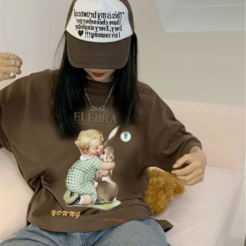 Brown Print T-shirt Kaos Lengan Pendek Cartoon Boy Rabbit Oversize Korean Style