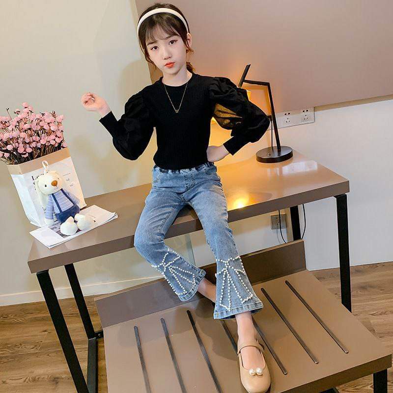 Baju Setelan Celana Jeans Cut Bray Anak ABG Perempuan Ribbon Pearl