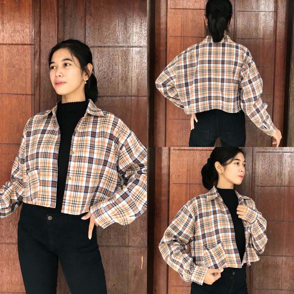 YAOSHI-kemeja oversize wanita polos -kemeja crop kotak wanita  -crop top jennie